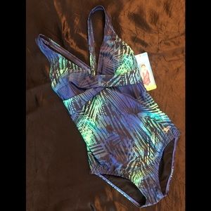 Speedo One Piece In Blue/Green Abstract Tropical Print with Criss Cross Straps